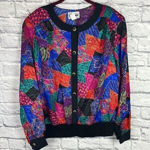 Vintage Colorful Patchwork Women's Bomber Jacket Pullover Size 22